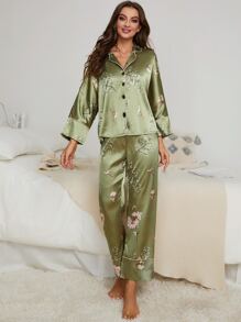 Floral Print Contrast Piping Satin Blouse & Trousers PJ Set - Green - View 5