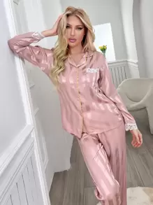 Conjunto de pijama de satén de rayas ribete en contraste con encaje en contraste - Rosa vieja - Ver 1