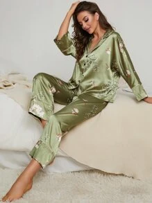 Floral Print Contrast Piping Satin Blouse & Trousers PJ Set - Green - View 6
