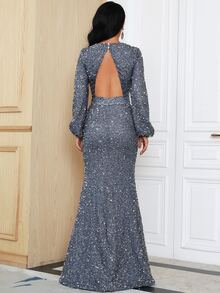 Missord Mesh Insert Cut Out Back Lantern Sleeve Sequins Prom Dress - Grey - View 2