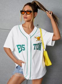 字母和圖案印花撞色滾邊落肩袖襯衫 - 白色 - 查看 1