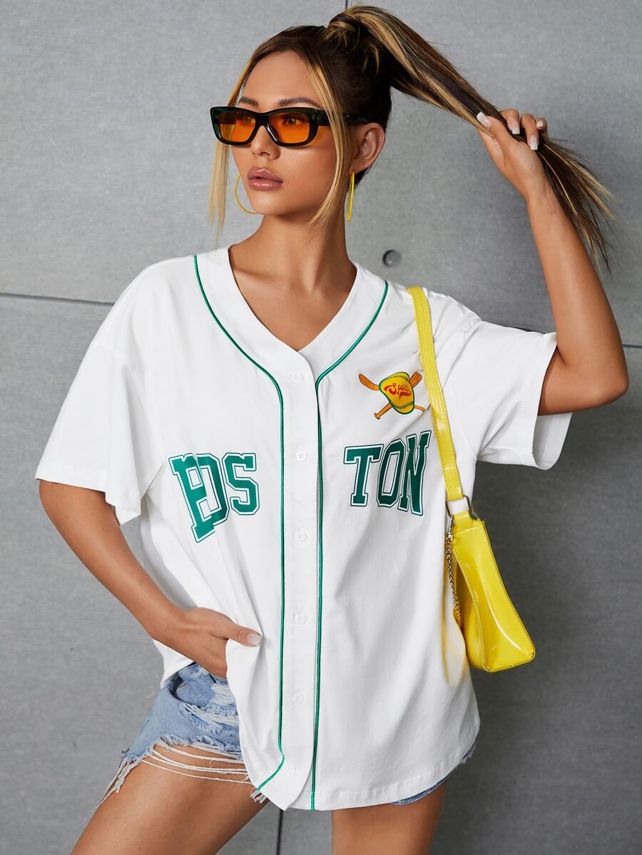 字母和圖案印花撞色滾邊落肩袖襯衫 - 白色 - 查看 1