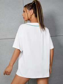 字母和圖案印花撞色滾邊落肩袖襯衫 - 白色 - 查看 2