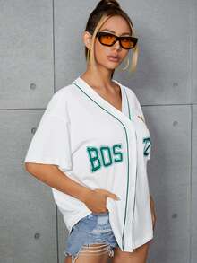 字母和圖案印花撞色滾邊落肩袖襯衫 - 白色 - 查看 5