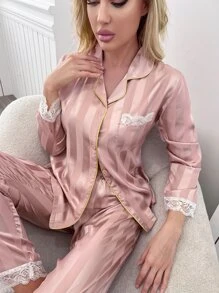 Conjunto de pijama de satén de rayas ribete en contraste con encaje en contraste - Rosa vieja - Ver 5