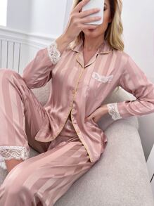 Conjunto de pijama de satén de rayas ribete en contraste con encaje en contraste - Rosa vieja - Ver 6