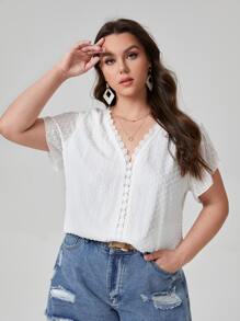 大碼布點點拼接蕾絲襯衫 - 白色 - 查看 1