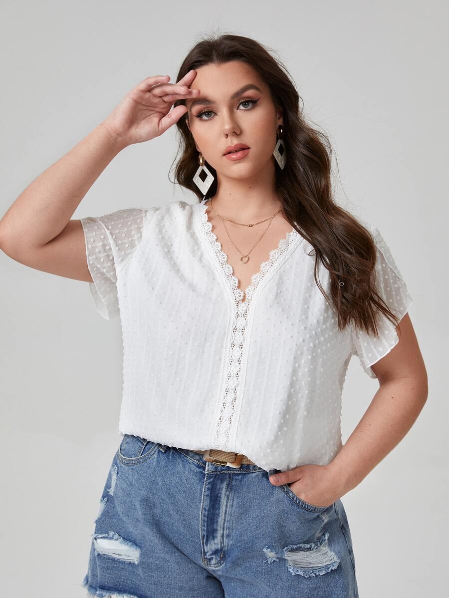 大碼布點點拼接蕾絲襯衫 - 白色 - 查看 1