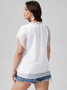 大碼布點點拼接蕾絲襯衫 - 白色 - 查看 2