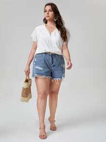 大碼布點點拼接蕾絲襯衫 - 白色 - 查看 3