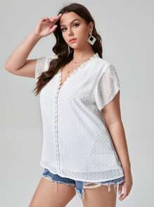 大碼布點點拼接蕾絲襯衫 - 白色 - 查看 4