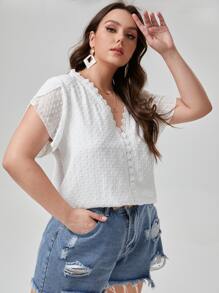 大碼布點點拼接蕾絲襯衫 - 白色 - 查看 5