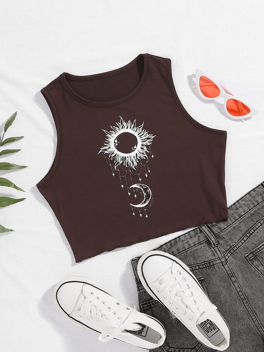SHEIN Unity Sun And Moon Print Crop Tank Top - Brown - View 1
