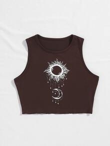 SHEIN Unity Sun And Moon Print Crop Tank Top - Brown - View 3