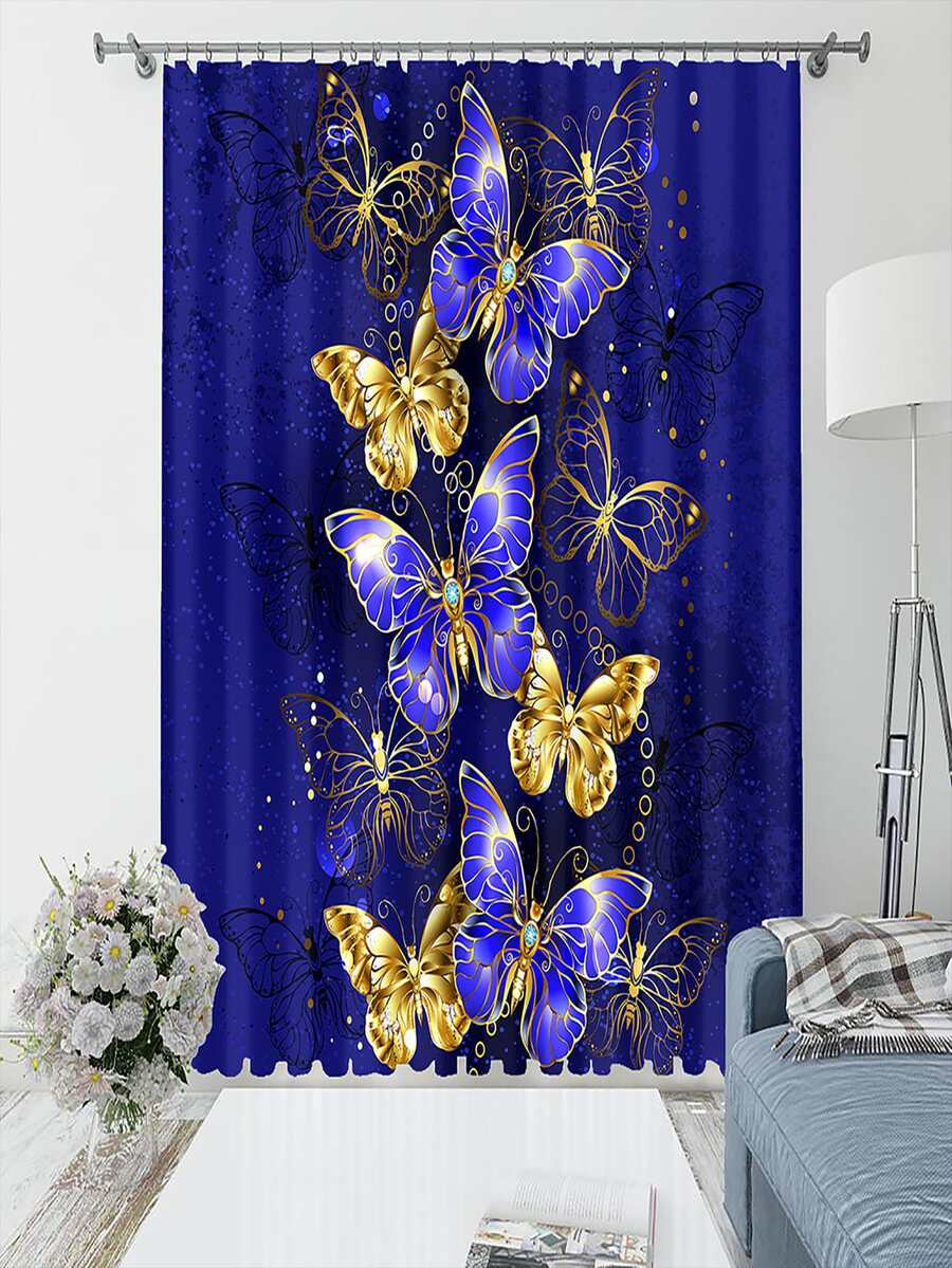 2 piezas Cortina con estampado de mariposa - azul real - Ver 1