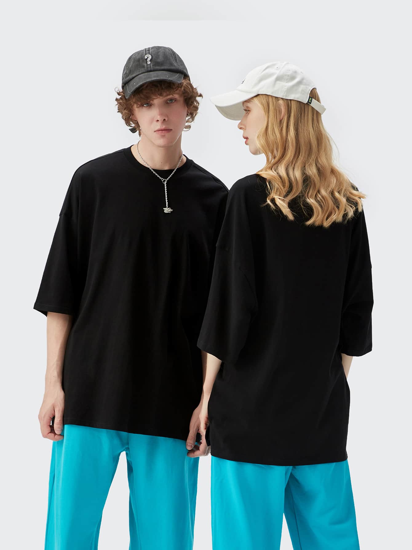 男士素色落肩T恤 - 黑色 - 查看 1