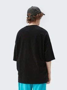 男士素色落肩T恤 - 黑色 - 查看 2