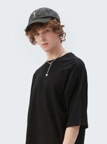 男士素色落肩T恤 - 黑色 - 查看 3