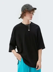 男士素色落肩T恤 - 黑色 - 查看 4