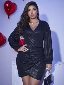 SHEIN Belle Plus Lantern Sleeve Ruched Tulip Hem Metallic Dress - Black - View 5