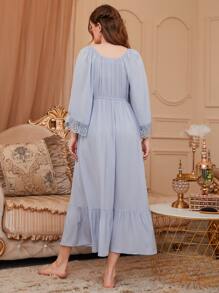 Lace Trim Ruffle Hem Pajama Night Long Dress Luxe Loungewear, Moo Moo, Fall - Dusty Blue - View 2