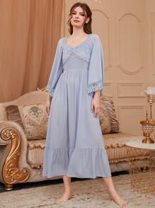 Lace Trim Ruffle Hem Pajama Night Long Dress Luxe Loungewear, Moo Moo, Fall - Dusty Blue - View 3