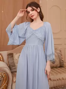 Lace Trim Ruffle Hem Pajama Night Long Dress Luxe Loungewear, Moo Moo, Fall - Dusty Blue - View 4