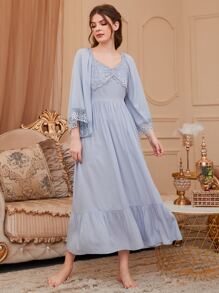 Lace Trim Ruffle Hem Pajama Night Long Dress Luxe Loungewear, Moo Moo, Fall - Dusty Blue - View 5