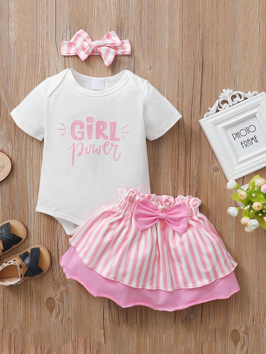 嬰兒字母圖案連身背心和條紋圖案二層下擺半身裙附髮帶 - 彩色 - 查看 1