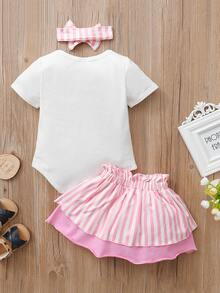 嬰兒字母圖案連身背心和條紋圖案二層下擺半身裙附髮帶 - 彩色 - 查看 2