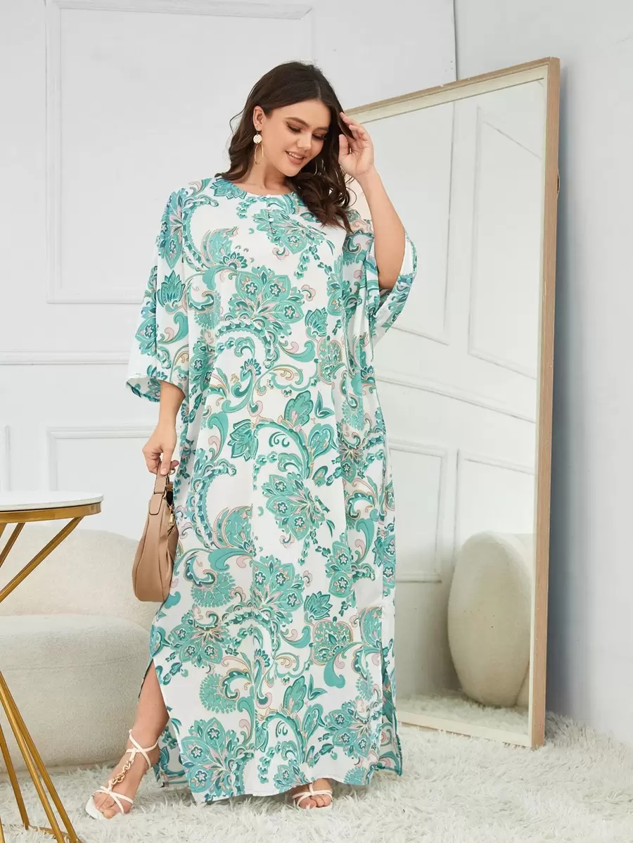 Mulvari Plus Size Baroque Print Split Hem Dress