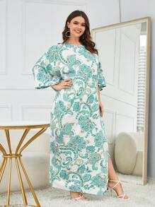 Mulvari Plus Size Baroque Print Split Hem Dress