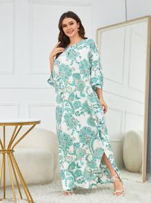 Mulvari Plus Size Baroque Print Split Hem Dress