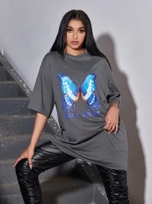 SHEIN SXY 蝴蝶和標語印花落肩袖長款T恤 - 深灰色 - 查看 1