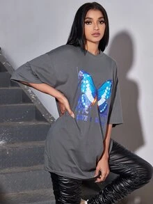 SHEIN SXY 蝴蝶和標語印花落肩袖長款T恤 - 深灰色 - 查看 4