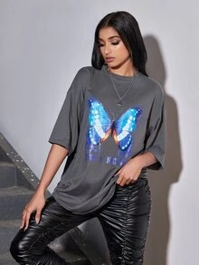 SHEIN SXY 蝴蝶和標語印花落肩袖長款T恤 - 深灰色 - 查看 5