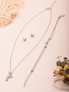 Set 1 pieza reloj cuarzo de esfera con patrón de mariposa con 4 piezas joya - Plateado - Ver 3