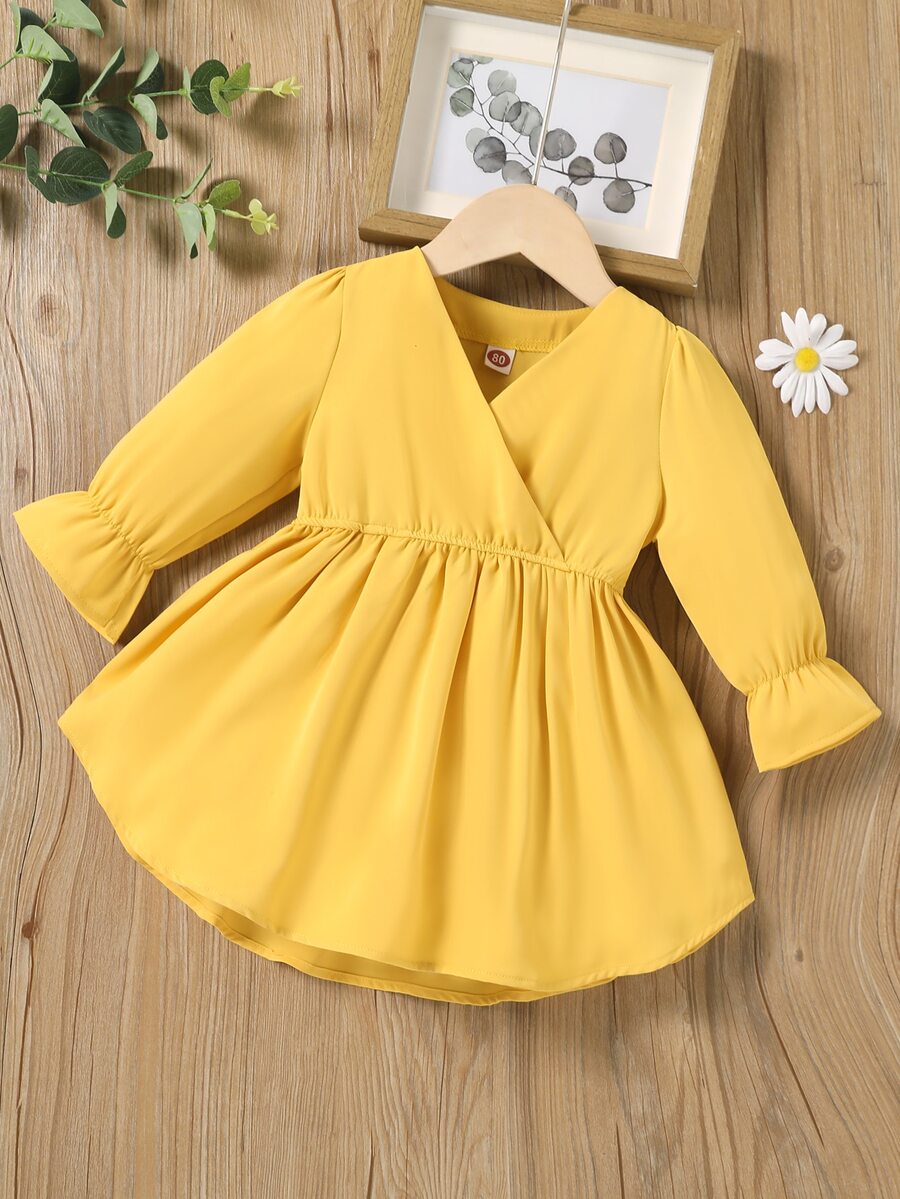 Đầm em bé Xù Trọn gói màu trơn Dễ thương - Màu vàng - Xem 1