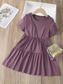 SHEIN Genkimix Kids Trang phục thường ngày mùa hè cổ tròn màu trơn viền bèo cho cô gái trẻ, thời trang và thoải mái khi mặc mùa xuân hè - Bụi hồng - Xem 1