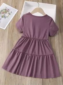 SHEIN Genkimix Kids Trang phục thường ngày mùa hè cổ tròn màu trơn viền bèo cho cô gái trẻ, thời trang và thoải mái khi mặc mùa xuân hè - Bụi hồng - Xem 2