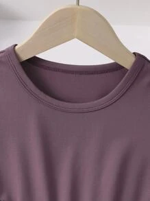 SHEIN Genkimix Kids Trang phục thường ngày mùa hè cổ tròn màu trơn viền bèo cho cô gái trẻ, thời trang và thoải mái khi mặc mùa xuân hè - Bụi hồng - Xem 3