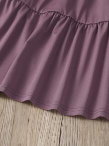 SHEIN Genkimix Kids Trang phục thường ngày mùa hè cổ tròn màu trơn viền bèo cho cô gái trẻ, thời trang và thoải mái khi mặc mùa xuân hè - Bụi hồng - Xem 4