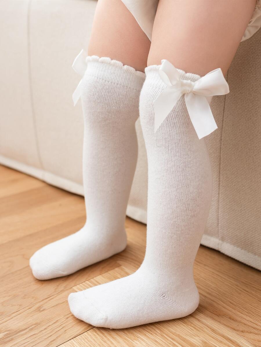 1對兒童蝴蝶結過膝襪,春夏季版 - 白色 - 查看 1