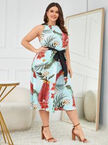 Mulvari Plus Tropical Print Belted Dress - Multicolor - View 3