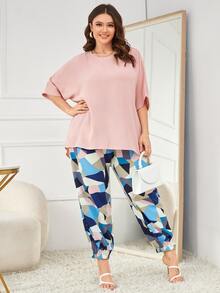 EMERY ROSE Plus Batwing Sleeve Blouse & Geo Print Carrot Trousers - Multicolor - View 5