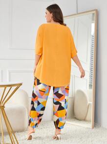 EMERY ROSE Plus Batwing Sleeve Blouse & Geo Print Carrot Trousers - Multicolor - View 2