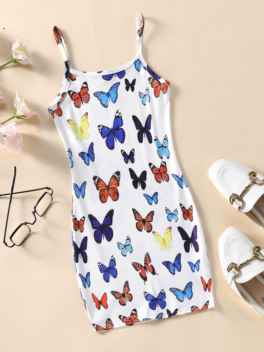 小女童蝴蝶圖案吊帶連衣裙 - 白色 - 查看 1