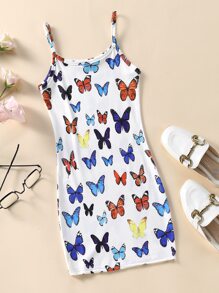 小女童蝴蝶圖案吊帶連衣裙 - 白色 - 查看 2