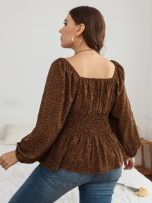 Vionelle 加大豹纹灯笼袖褶皱荷叶边衬衫荷叶边上衣女士秋季服装 - 咖啡棕 - 查看 2