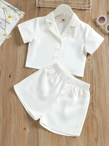 Toddler Girls Lapel Collar Button Front Shirt & Shorts - White - View 1